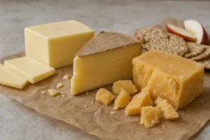 Mild, clothbound, and aged Cheddar shown as different age forms on butcher paper - Cheddar cheese | KnowTheCheese