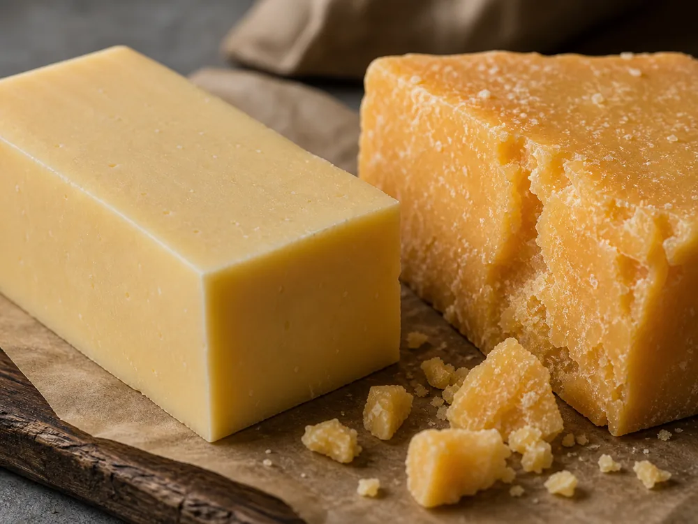 Young smooth Cheddar beside older crumbly Cheddar with visible crystals - Cheddar cheese | KnowTheCheese
