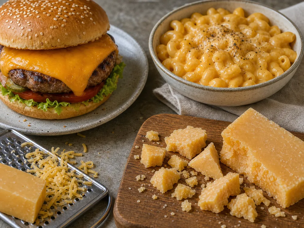 Cheddar on a burger, in a creamy pasta dish, and as crumbly aged pieces for board use - Cheddar cheese | KnowTheCheese