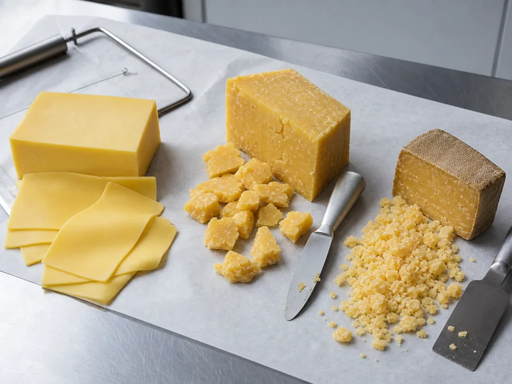 Young cheddar slices, mature cheddar chunks, and extra-mature cheddar crumbles on a cheese counter - Cheddar pairing | KnowTheCheese