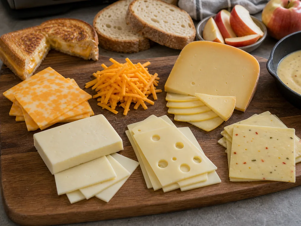 Cheddar substitute board with Colby-style slices, Monterey Jack, Gouda, pale slices, pepper jack, and shredded cheese - Cheddar substitutes | KnowTheCheese