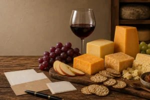 Cheddar and wine pairing board with mild cheddar, sharp cheddar, aged clothbound cheddar, apples, crackers, chutney, red wine, and white wine - Cheddar wine pairing | KnowTheCheese