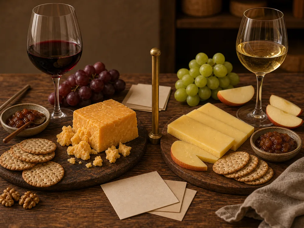 Cheddar wine comparison with aged cheddar and red wine beside mild cheddar, white wine, apples, crackers, and chutney - Cheddar wine pairing | KnowTheCheese
