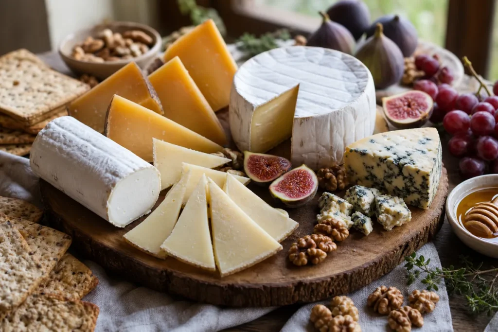 Cheese board with Brie, aged Gouda, Manchego, goat cheese, blue cheese, crackers, figs, nuts, and honey - Best cheese for a cheese board | KnowTheCheese