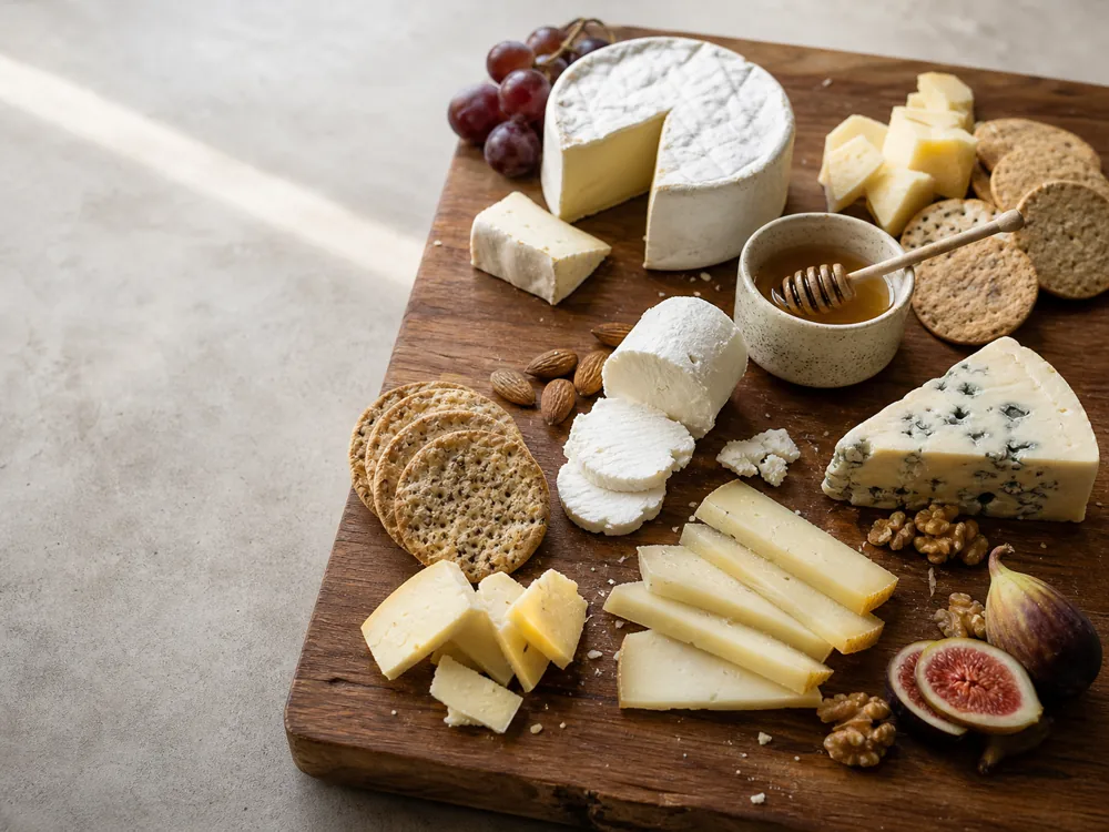 Cheese board with Brie, aged Gouda, Manchego, goat cheese, blue cheese, figs, nuts, crackers, and honey