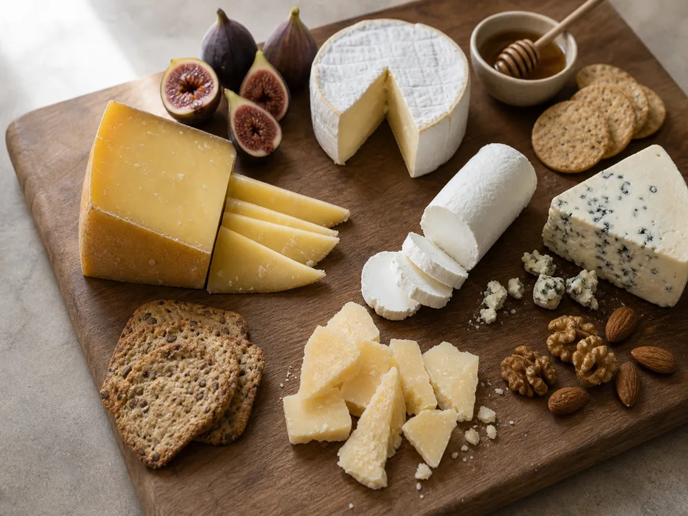 Partly assembled cheese board with Brie, aged Gouda, hard cheese shards, goat cheese, mild blue cheese, figs, nuts, crackers, and honey - Best cheese for a cheese board | KnowTheCheese