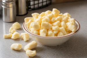 Bowl of fresh pale cheddar cheese curds - cheese curds | KnowTheCheese