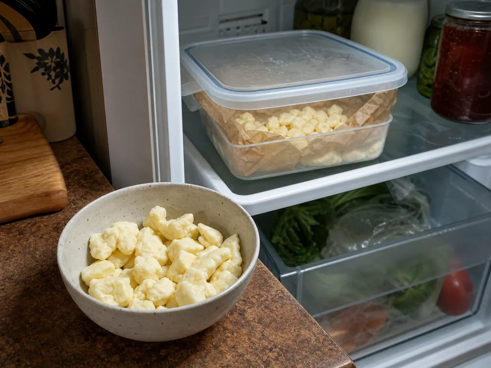 Small serving of cheese curds warming beside refrigerated curds kept in a covered container - Cheese curds | KnowTheCheese