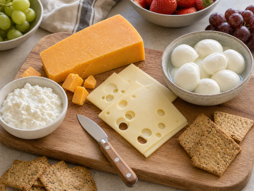 Cheese board with hard cheddar-style cheese, Swiss-style slices, mozzarella in brine, cottage cheese, fruit, and crackers