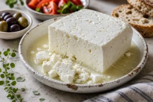 Block of Greek feta in brine with olives, tomatoes, and bread - Feta cheese | KnowTheCheese