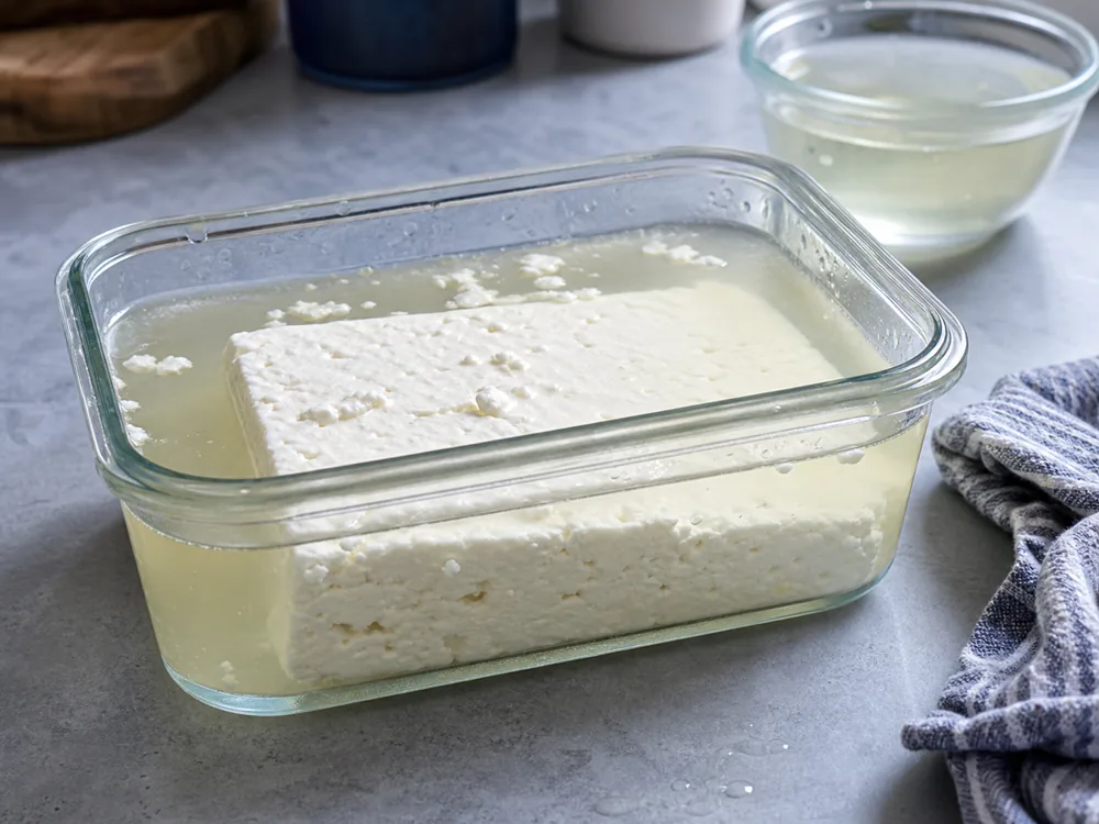 Block of feta submerged in brine inside a storage container - Feta cheese | KnowTheCheese