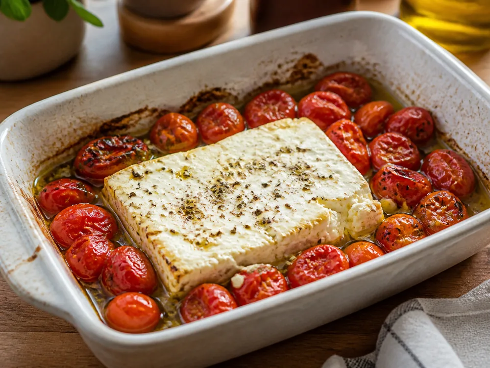 Roasted feta block with cherry tomatoes and olive oil in a baking dish - Feta cheese | KnowTheCheese