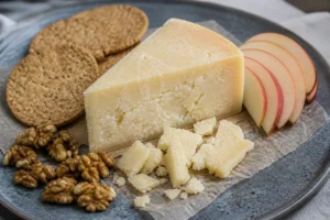 Cheshire-style crumbly cheese wedge with oatcakes, apple slices, and walnuts - Cheshire cheese | KnowTheCheese