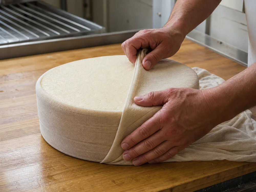 Freshly pressed Cheshire wheel being wrapped in muslin - Cheshire cheese | KnowTheCheese