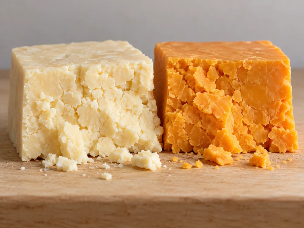 Ivory white and deep orange crumbly cheese blocks side by side - Cheshire | KnowTheCheese