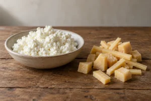 Soft white curd beside small dried hard cubes and sticks - Chhurpi | KnowTheCheese