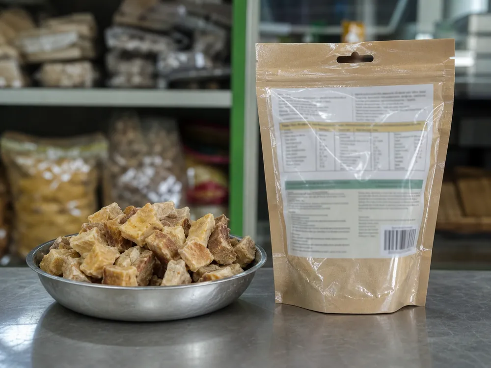 Loose dried food chhurpi beside a sealed generic pet chew package | KnowTheCheese