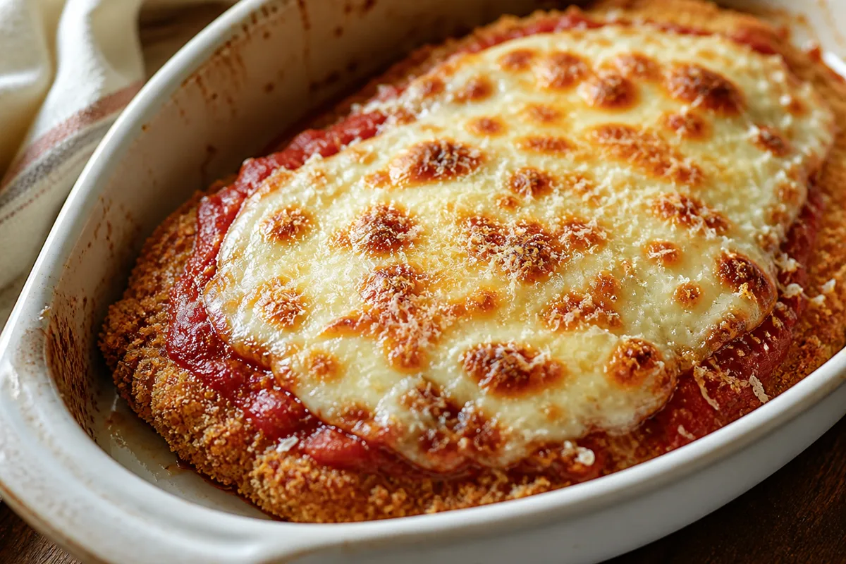 A breaded chicken cutlet under browned melted mozzarella with a crisp crumb edge showing - chicken parmesan | KnowTheCheese