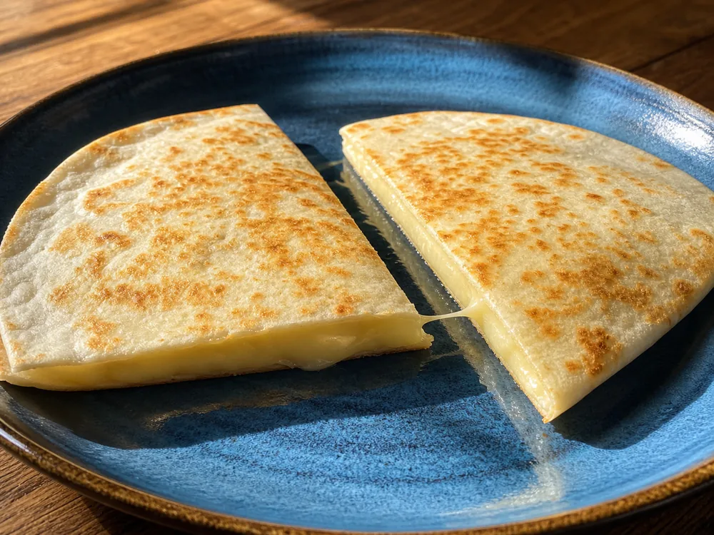 Chihuahua cheese binding two freshly cut quesadilla wedges - Chihuahua Cheese | KnowTheCheese