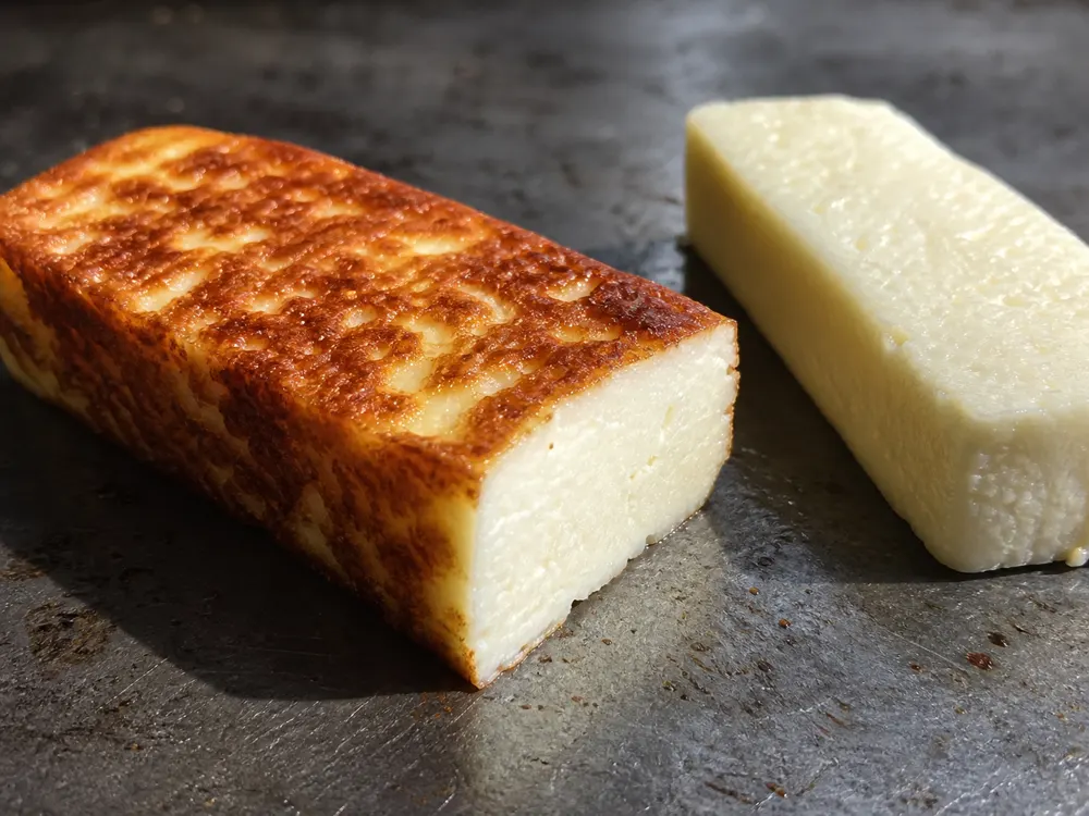 Browned Coalho stick with an intact pale elastic center beside an uncooked piece - Coalho cheese | KnowTheCheese