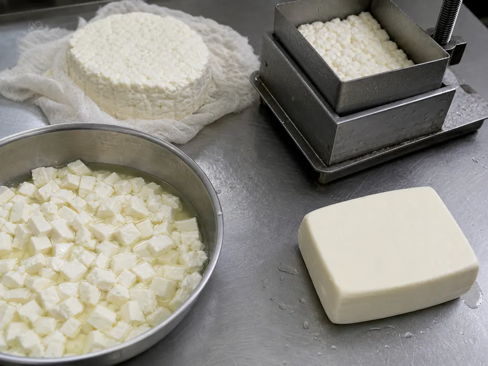 Cut curds, drained curd, a small press, and a finished pale Coalho block - Coalho cheese | KnowTheCheese