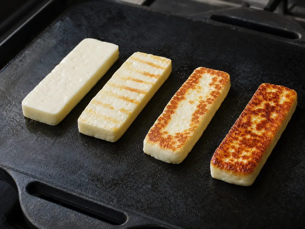 Cold Coalho sticks at pale, grill-marked, and evenly browned stages in a cast-iron pan - Coalho cheese | KnowTheCheese