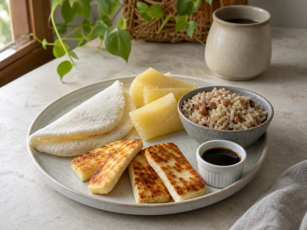 Grilled Coalho with tapioca, cassava, baião de dois, and cane molasses - Coalho cheese | KnowTheCheese