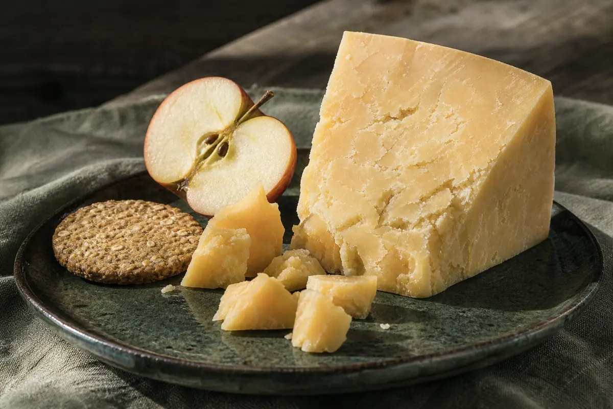 Mature Coastal Cheddar wedge with visible crystals on an enamel plate | KnowTheCheese