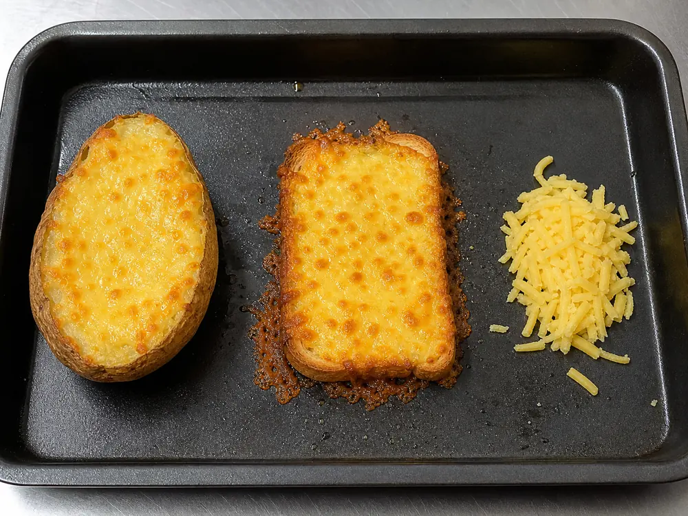 Coastal Cheddar melted over toast and a baked potato beside fresh grated cheese - Coastal Cheddar | KnowTheCheese