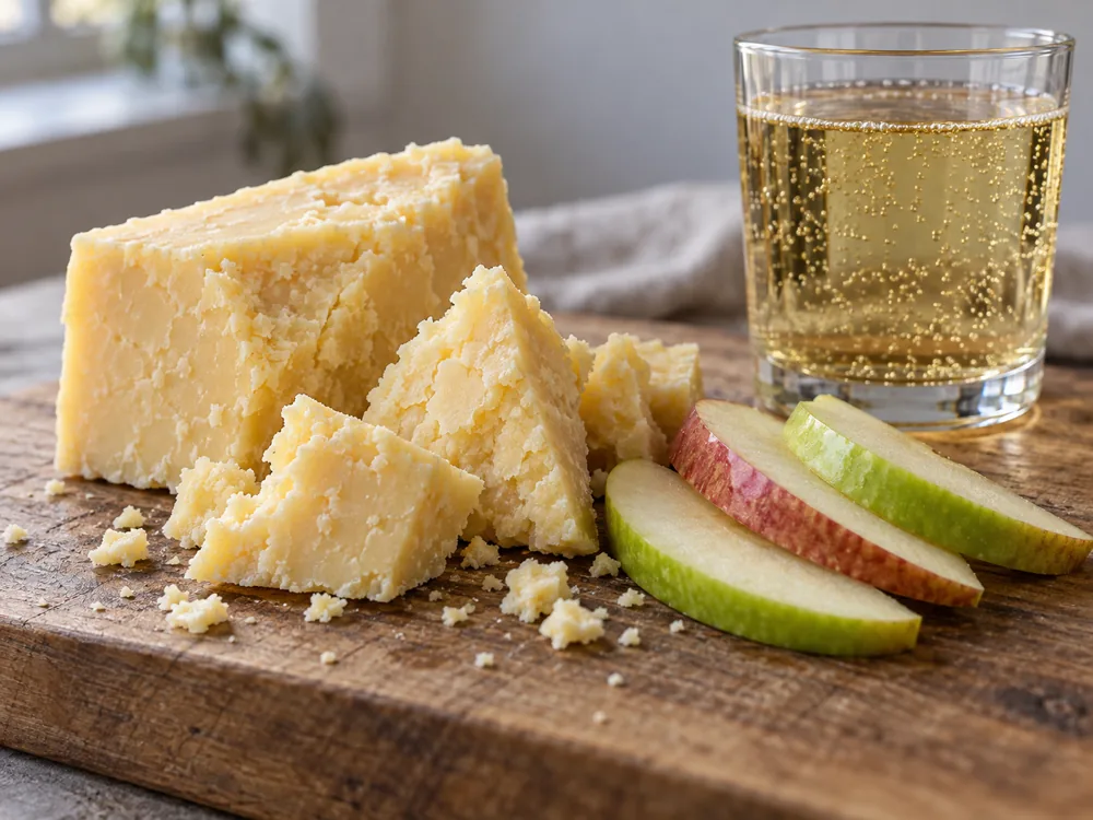 Chunks of pale yellow crumbly Cheddar with apple slices and a glass of sparkling golden cider - Coastal Cheddar | KnowTheCheese