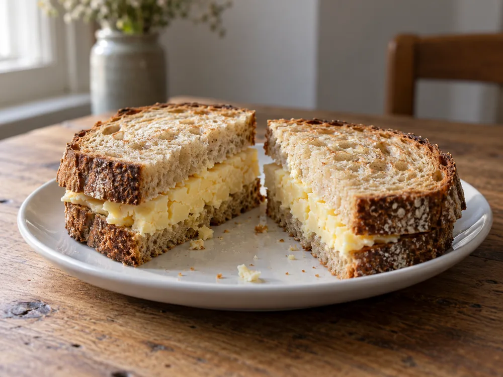 Sandwich on rustic bread cut in half to show a thick layer of crumbly pale yellow Cheddar - Coastal Cheddar | KnowTheCheese