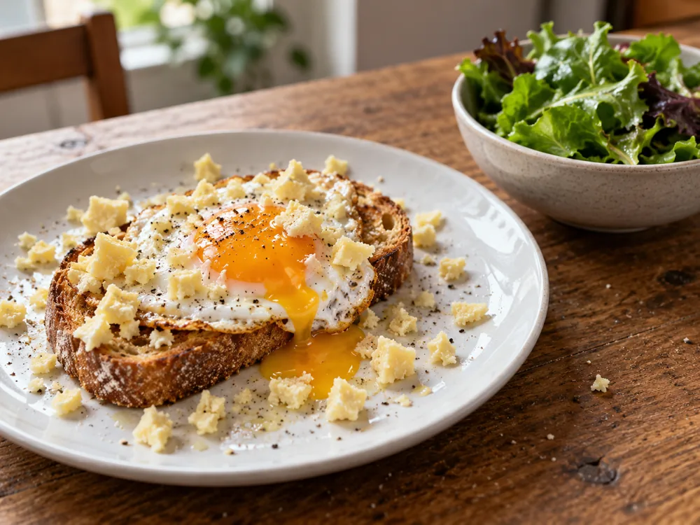 Fried egg on toast with crumbled pale yellow Cheddar scattered over it and a bowl of salad leaves beside the plate - Coastal Cheddar | KnowTheCheese