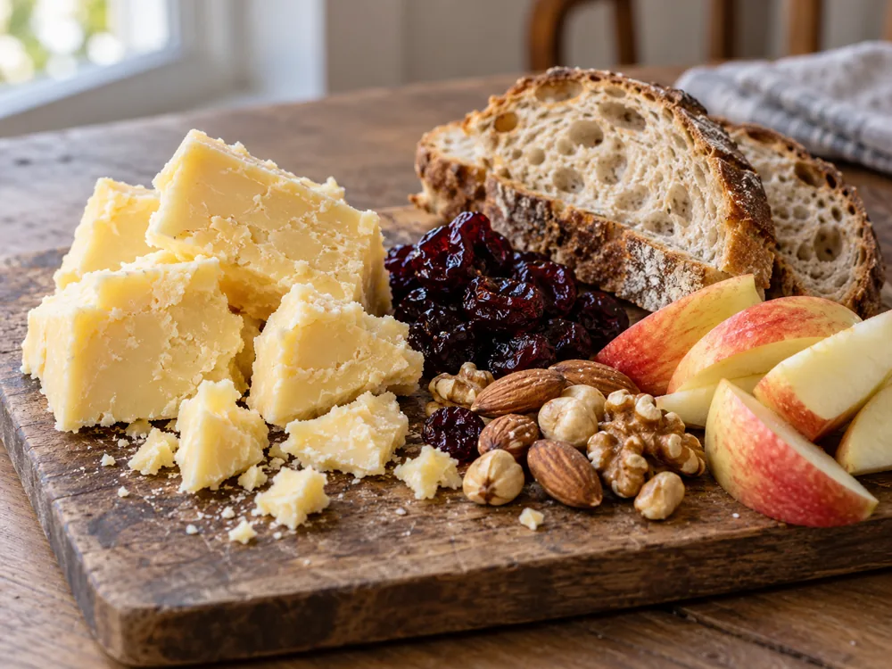 Chunks of pale yellow crumbly Cheddar on a wooden board with dried cherries, mixed nuts, apple wedges, and sourdough bread - Coastal Cheddar | KnowTheCheese