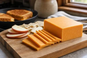 Colby cheese block and slices with apples, crackers, and grilled cheese in a skillet - Colby cheese | KnowTheCheese