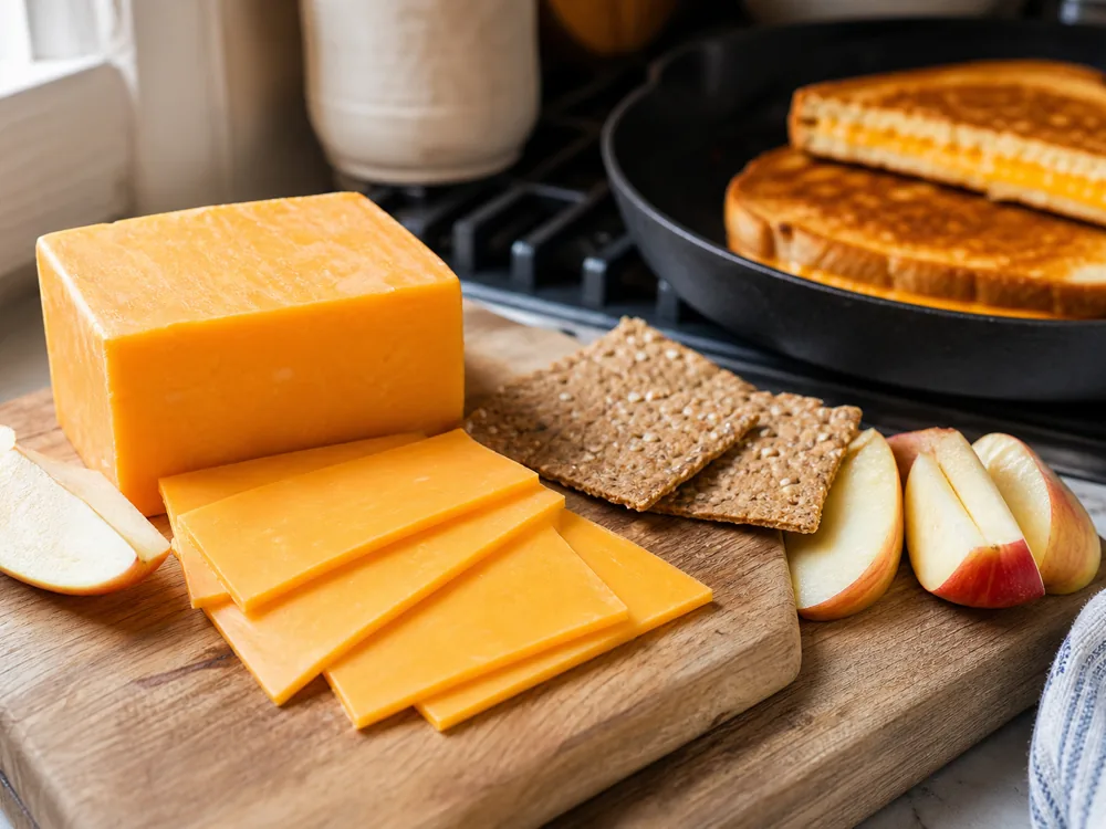 Colby cheese block and slices with apples, crackers, and grilled cheese in a skillet - Colby cheese | KnowTheCheese