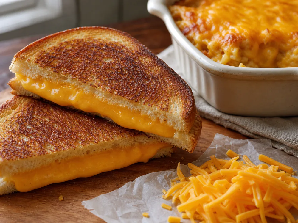 Colby melting smoothly in a grilled cheese with shredded Colby beside it - Colby cheese | KnowTheCheese