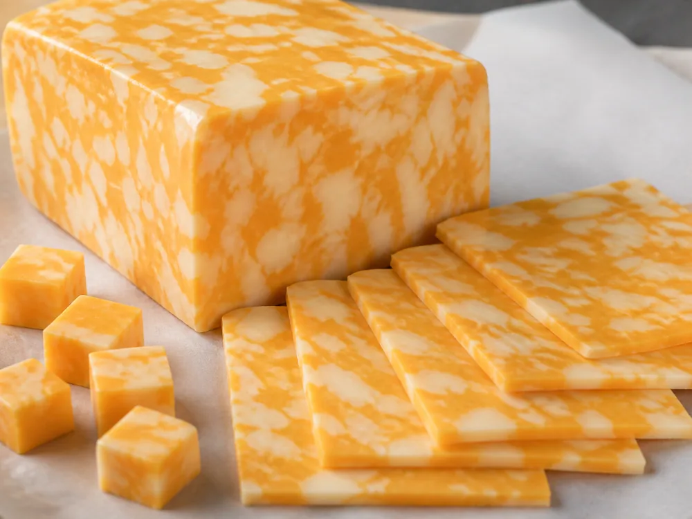 Marbled Colby Jack block and slices showing orange and white curd - Colby Jack Cheese | KnowTheCheese