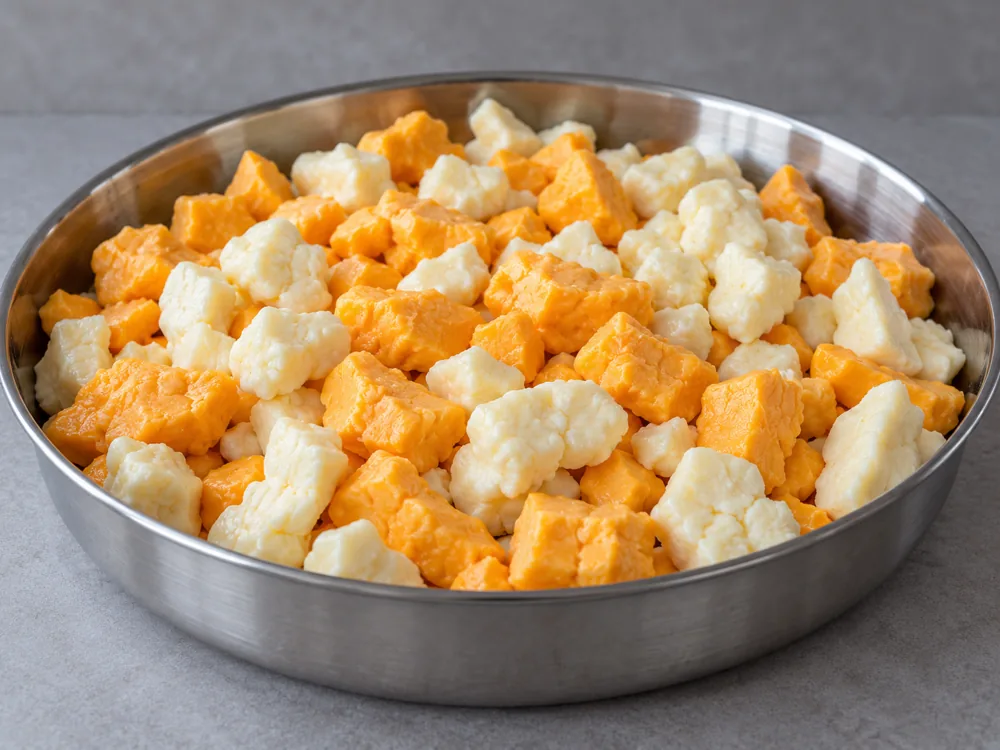 Orange and white cheese curds loosely mixed in a steel pan before pressing - Colby Jack Cheese | KnowTheCheese
