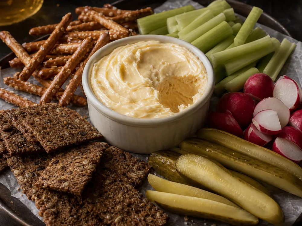 Cold pack cheese snack board with pretzels crackers celery and pickles - Cold Pack | KnowTheCheese