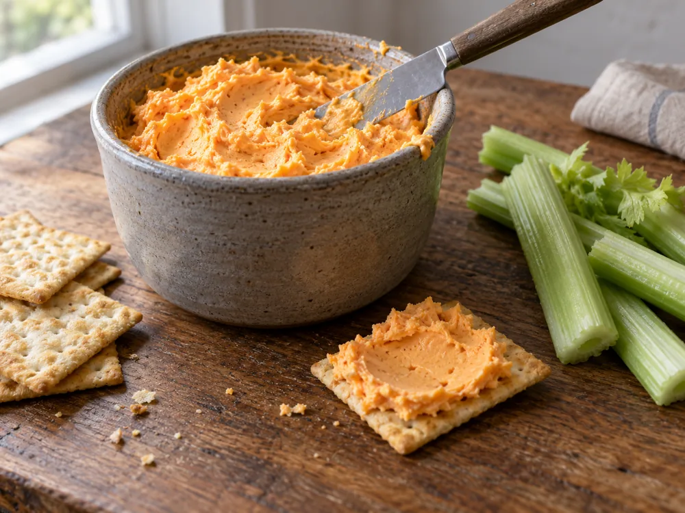 Orange cheese spread in a stoneware bowl with crackers and celery sticks - Cold Pack | KnowTheCheese