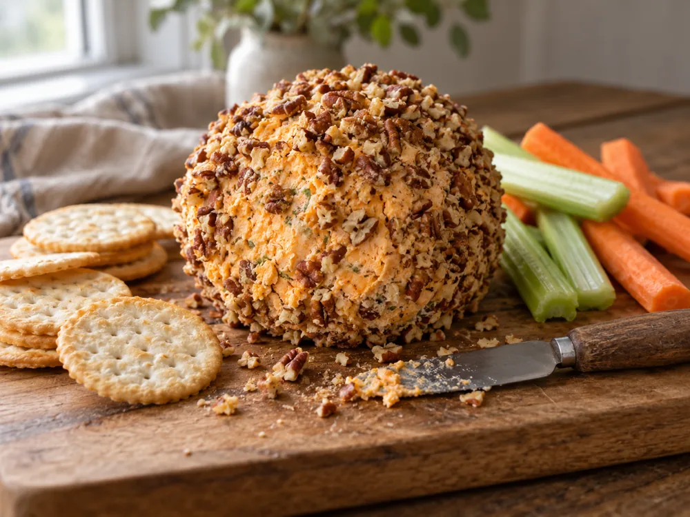 Cheese ball rolled in chopped nuts on a wooden board with crackers, celery and carrot sticks - Cold Pack | KnowTheCheese