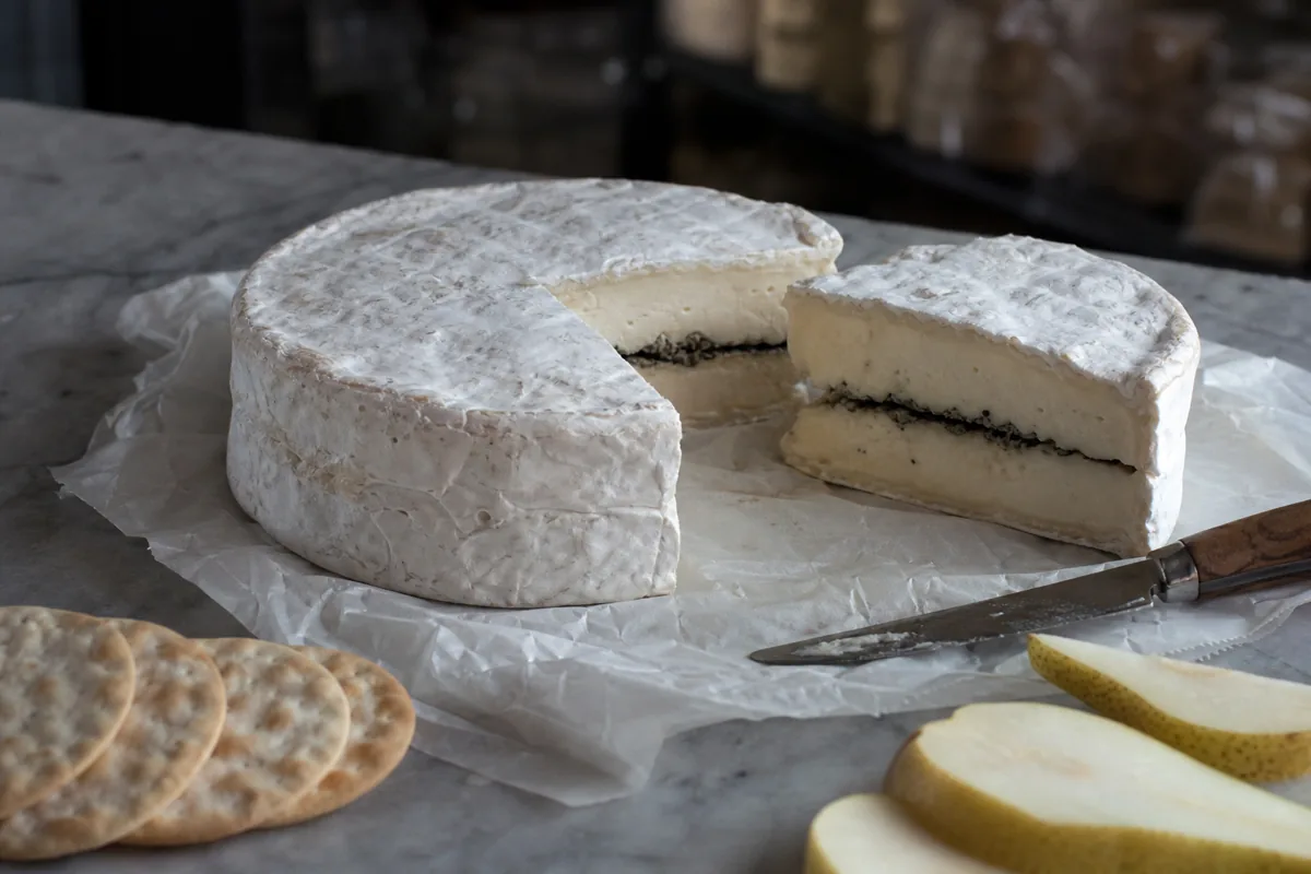 Bloomy rind cheese cut open with a black truffle seam - College White With Truffles | KnowTheCheese