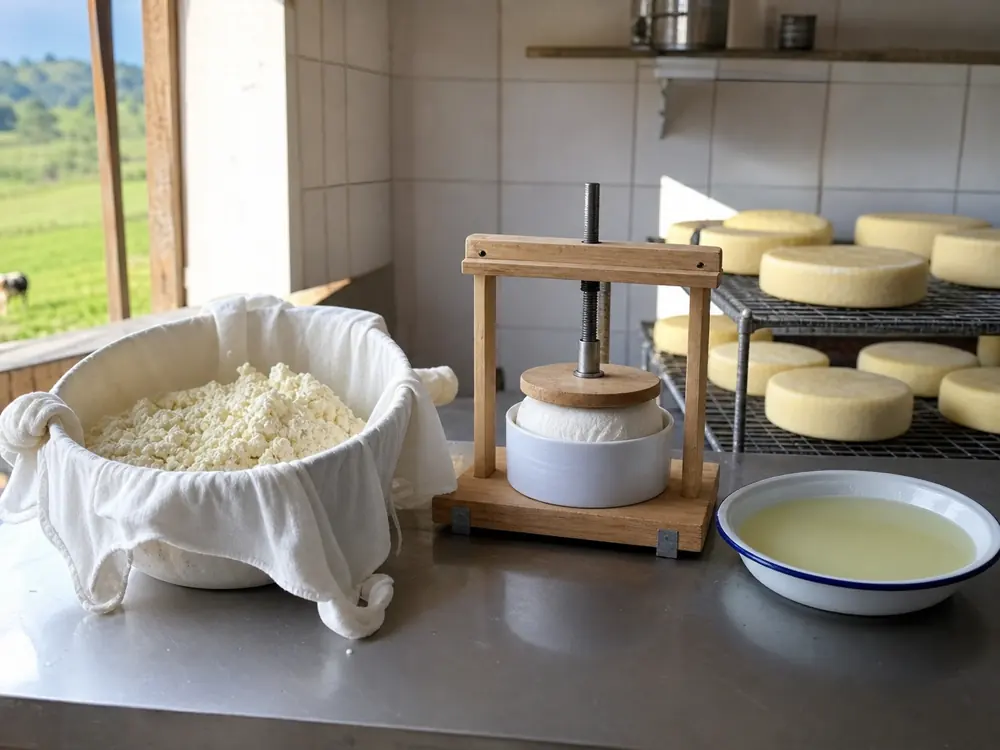 Curds draining pressing brining and drying in a small Colony cheese process - Colony Cheese | KnowTheCheese