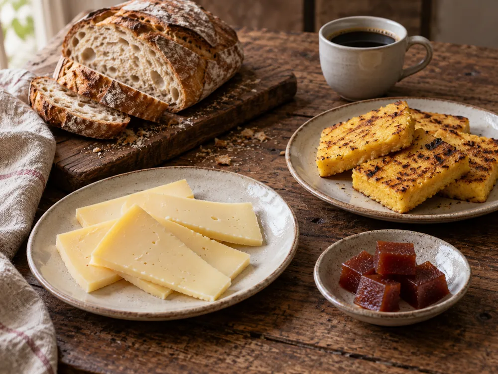 Sliced cheese with bread, polenta, guava paste and black coffee - Colony Cheese | KnowTheCheese