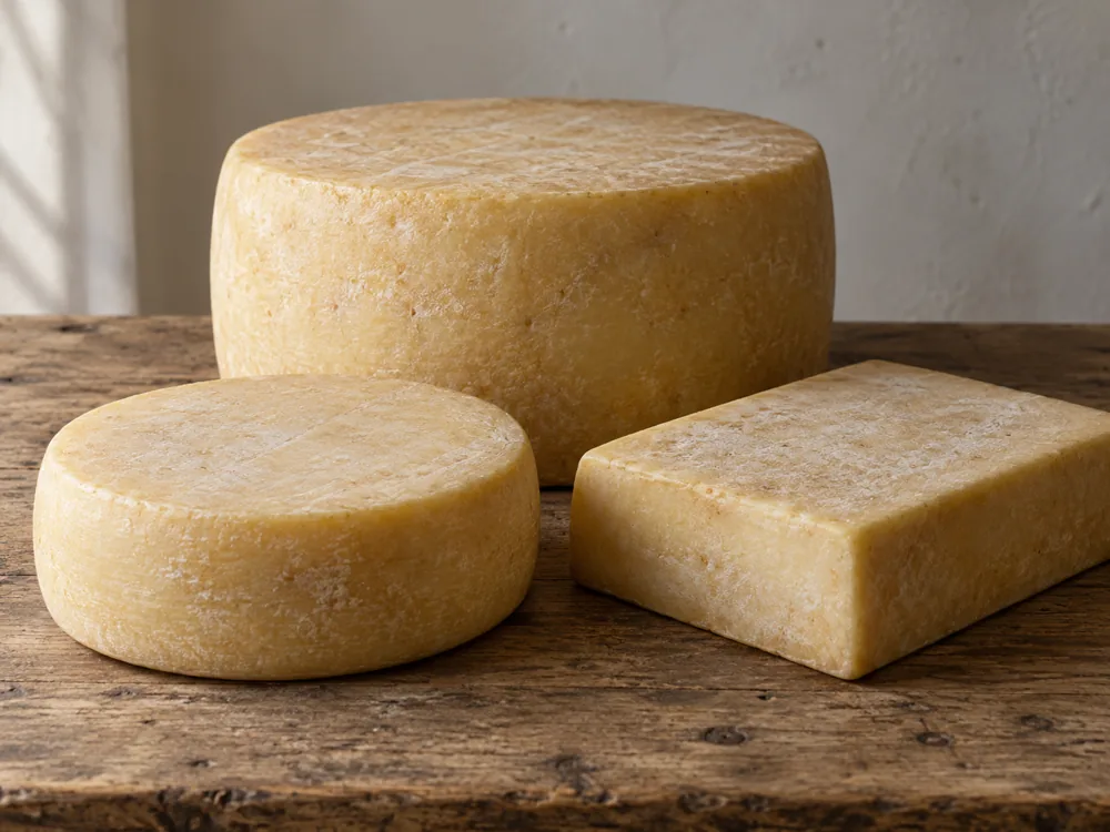 A small round cheese, a larger round cheese and a rectangular block on a wooden table - Colony Cheese | KnowTheCheese