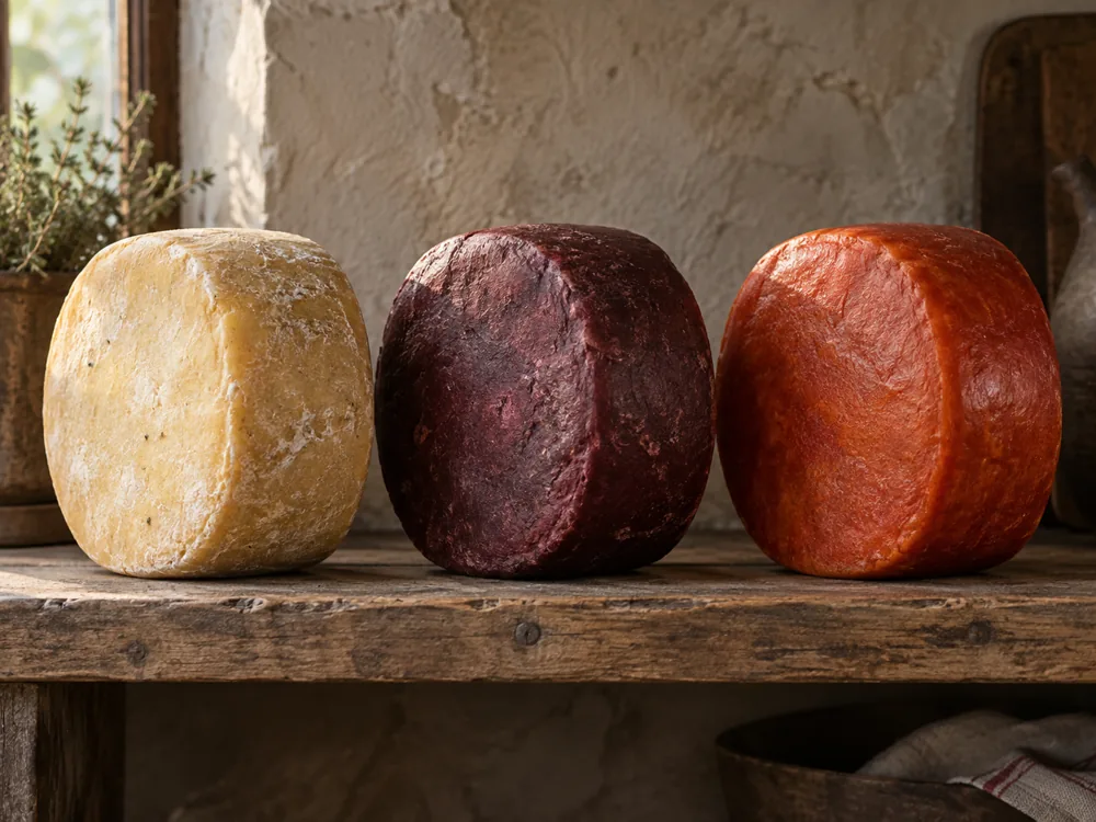 Three whole cheeses with a pale, a dark wine-colored and a reddish crust on a wooden shelf - Colony Cheese | KnowTheCheese