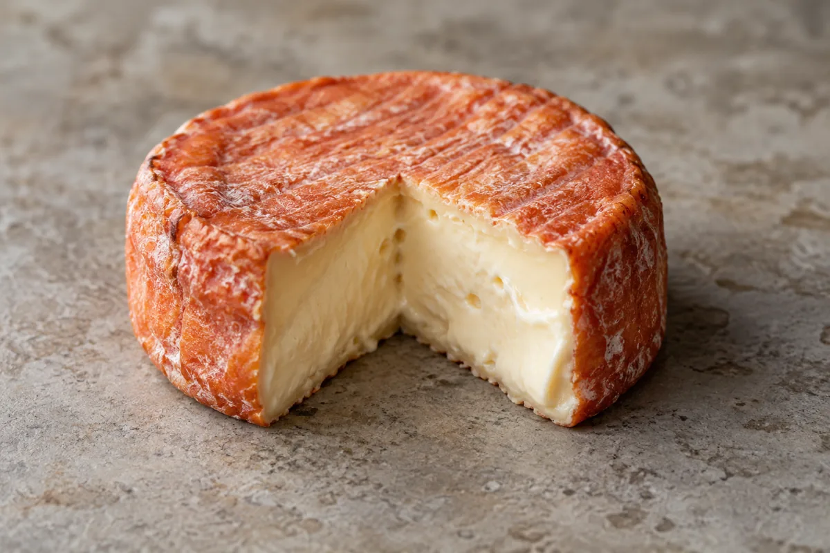 Illustration of a small round of red-orange washed-rind cheese with a wedge cut out - ColoRouge | KnowTheCheese