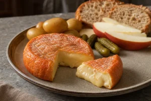 Orange washed rind cheese with potatoes cornichons and bread - Colorouge style | KnowTheCheese