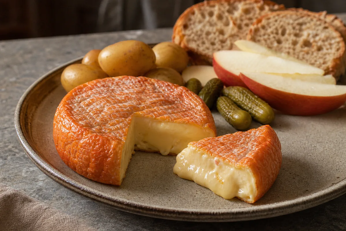 Orange washed rind cheese with potatoes cornichons and bread - Colorouge style | KnowTheCheese