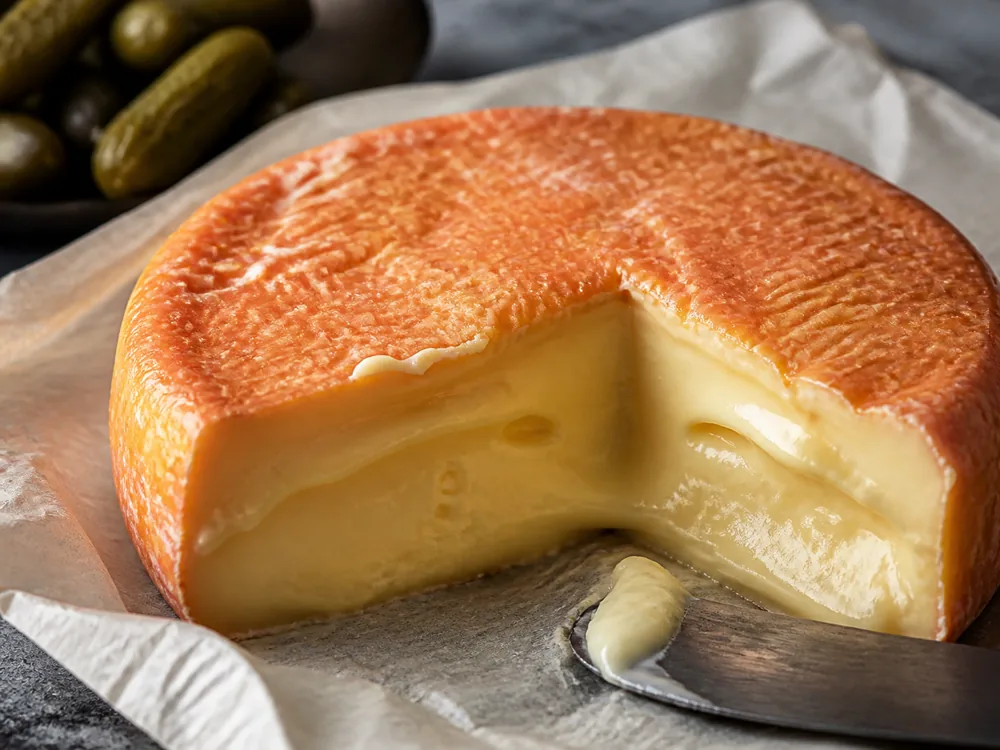 Orange washed rind cheese showing a soft creamline - Colorouge style | KnowTheCheese